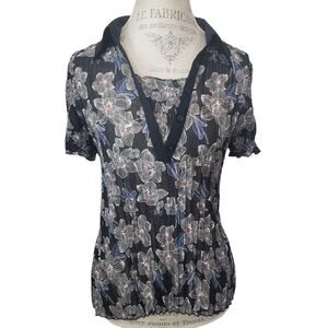 Antilia Femme Floral Print Collared Short Sleeved Blouse Shirt | Size Medium